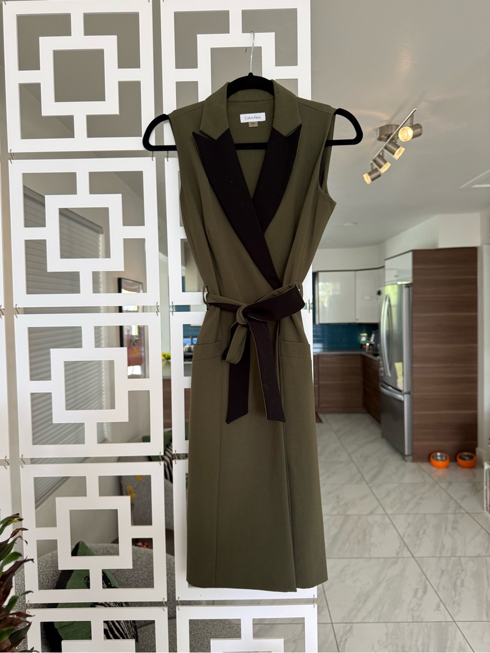 Calvin Klein Olive Green Sleeveless Wrap Midi Dress with Black Lapel